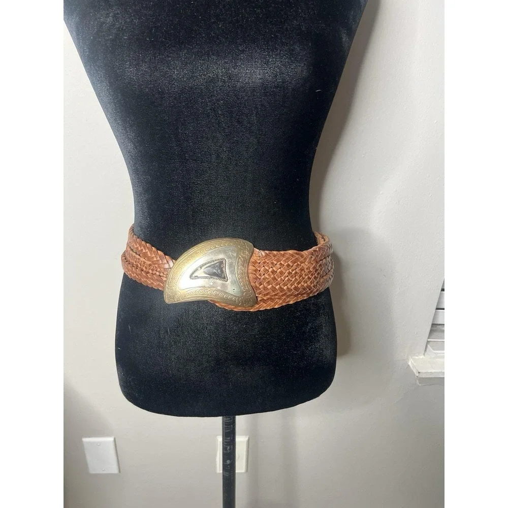 Chicos MOROCCAN BELT Braided Leather Belt, Silver-Toned Metal Vintage S/M